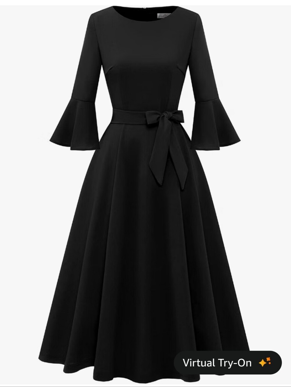 Classic Black Quarter-Sleeve Fit-and-Flare Dress with Waist Tie